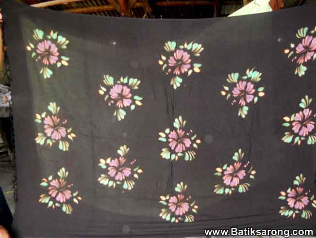 Black Sarong with Handpainted Flowers Motif. Sarong from Bali