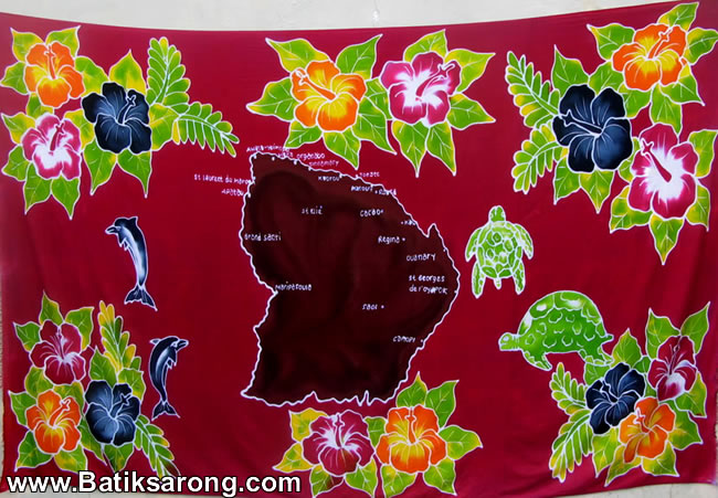 Handpainted sarong with map and flowers, dolphins and turtle