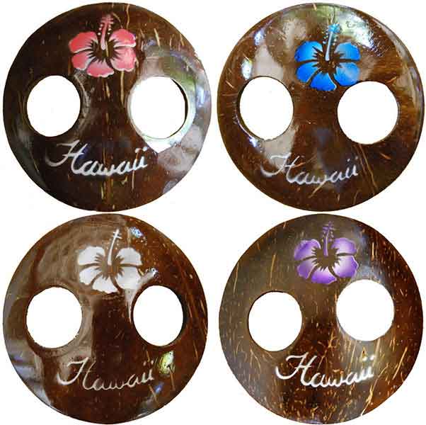 Coco Sarong Ties from Bali Indonesia. Coconut Shell Sarong Ties with Air Brush Painted Hibiscus Flower