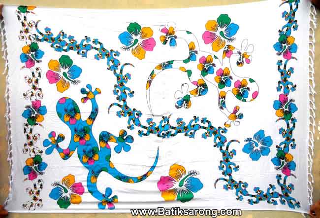 Bali Sarongs and Pareo. Printed Sarong with Gecko and Flowers Motif 